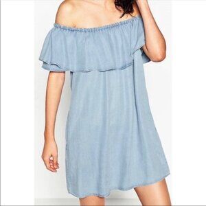 Zara Woman Premium Denim Collection Off-the-Shoulder Chambray Ruffle Dress